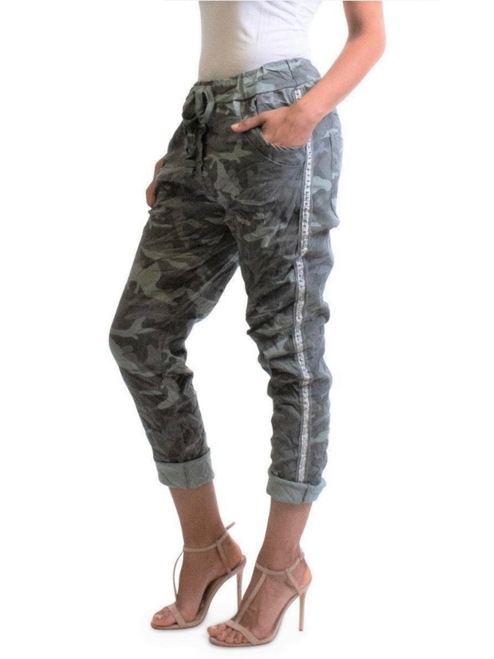 GIGI MODA Caterina Olive Green Camo Drawstring Cropped Jogger Pants